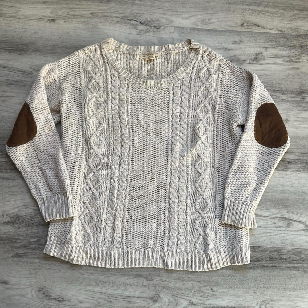 Cream Cable Knit Sweater with Elbow Patches